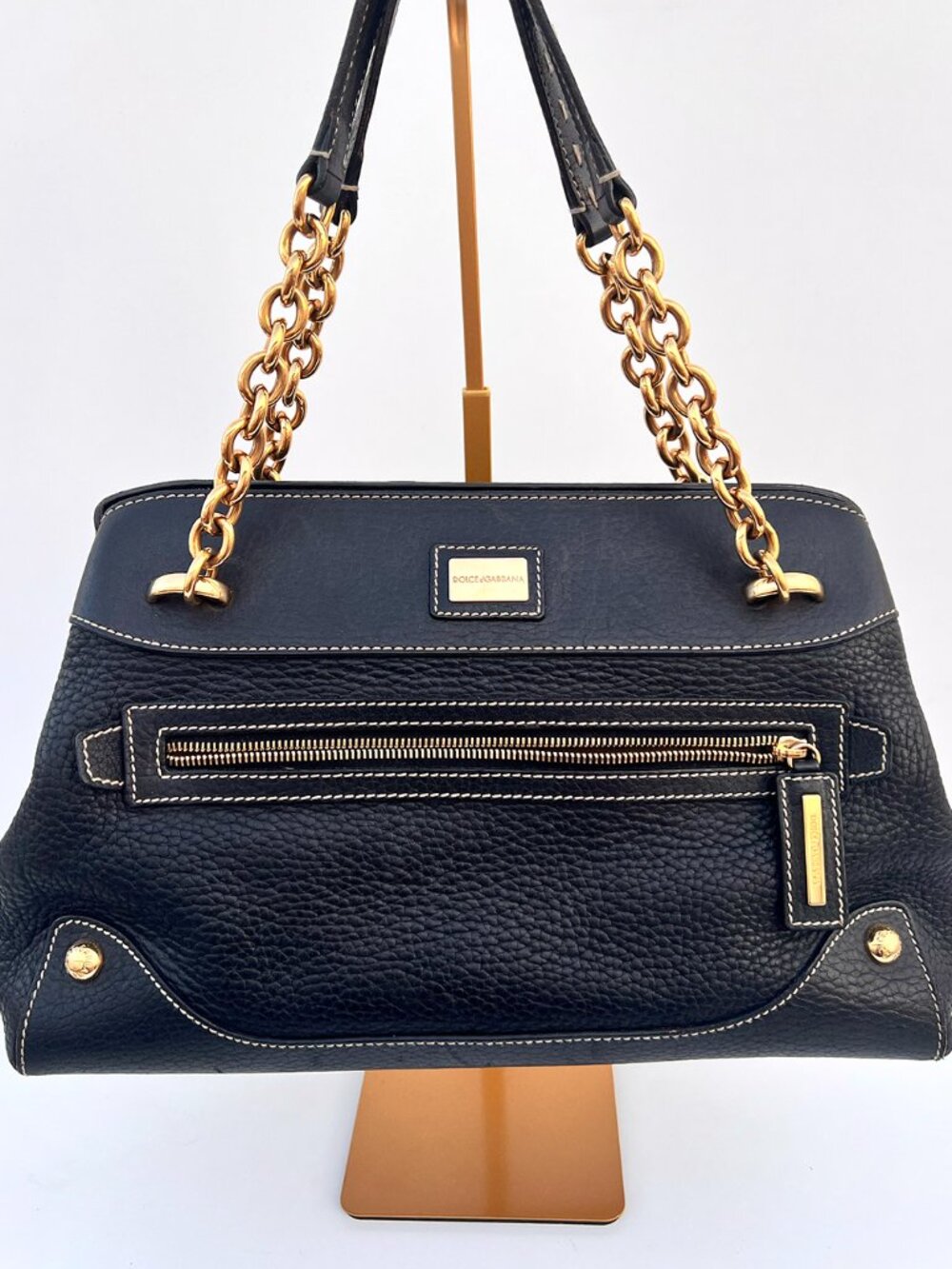 Auth DOLCE & GABBANA Black Leather Chunky Gold Chain Tote Handbag Y2K